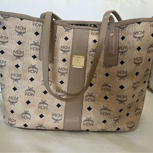 MCM Cream and Black Monogram Tote Bag
